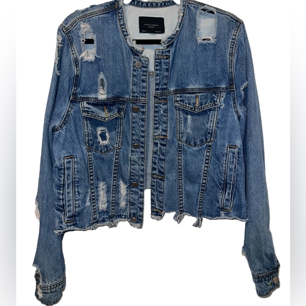 Alpha & Omega outerwear, Distressed Blue Denim Jacket size medium